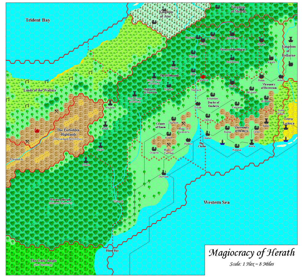 Magiocracy of Herath, 8 miles per hex by Adamantyr, February 2000