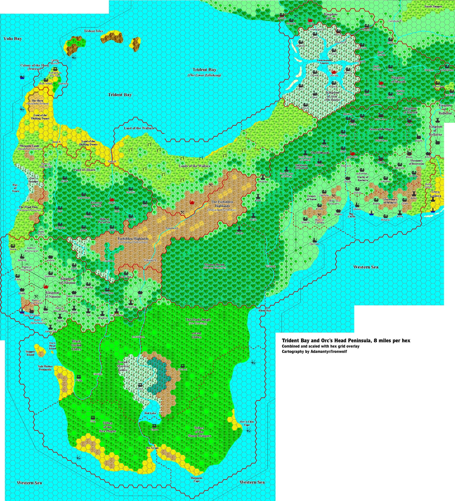 Composite of all of Adamantyr’s Trident Bay and Orc’s Head Peninsula maps, 8 miles per hex, assembled by Thorfinn Tait
