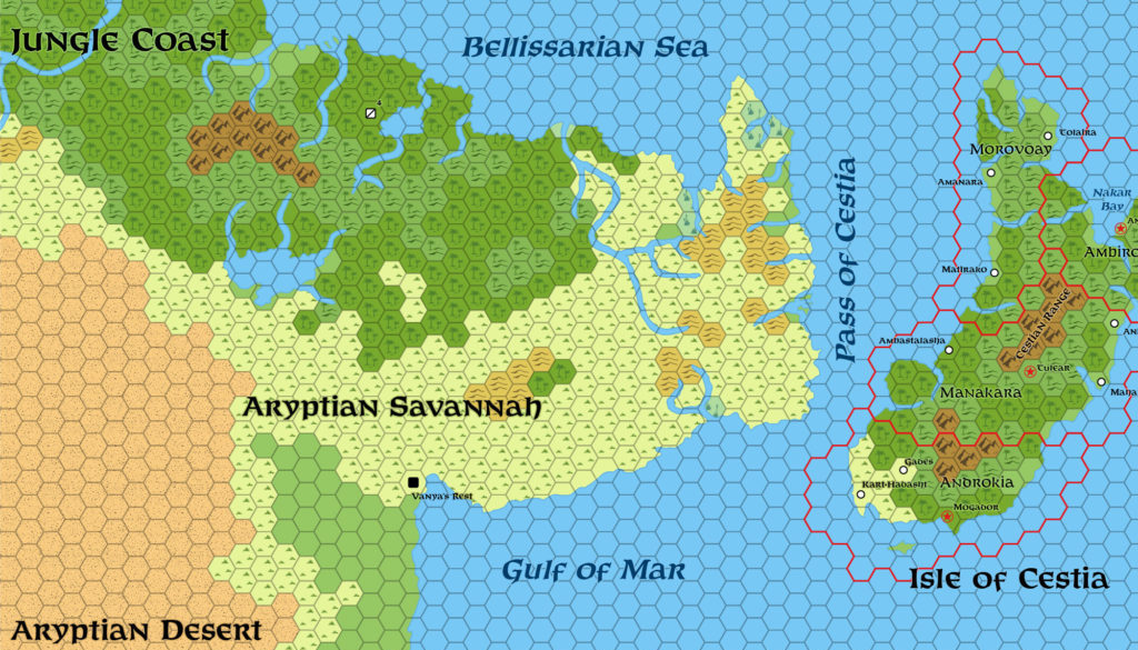 Standardised replica of Geoff Gander’s Davania: Jungle Coast - Aryptian Savannah Region, 72 miles per hex