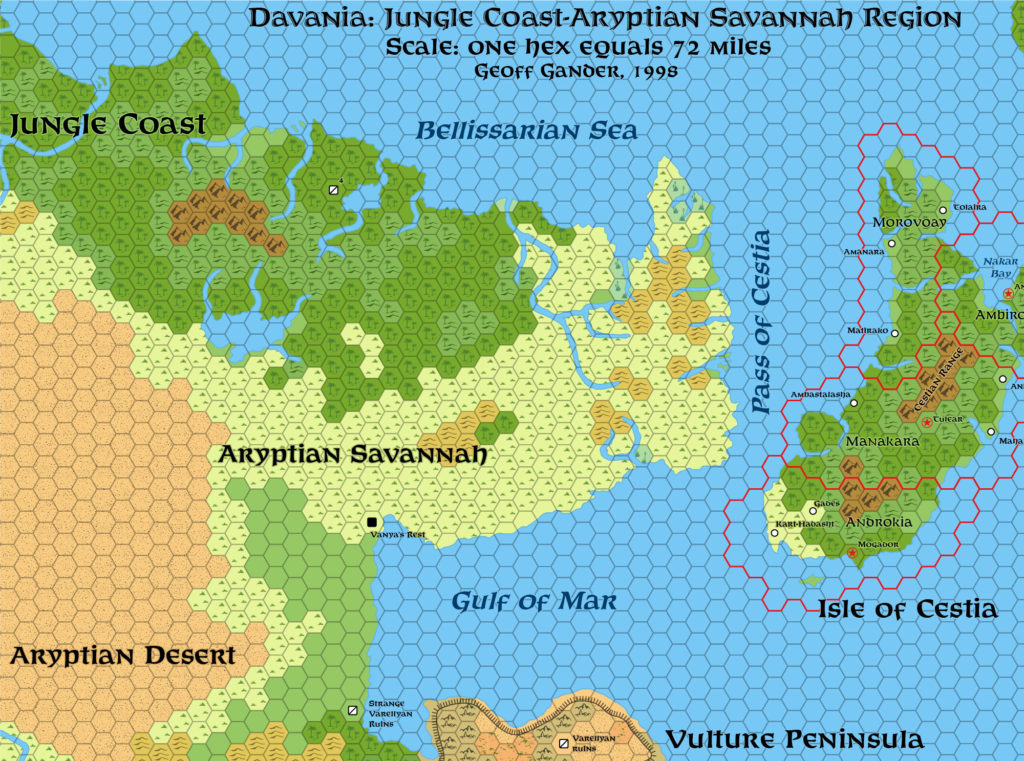 Standardised replica of Geoff Gander’s Davania: Jungle Coast - Aryptian Savannah Region, 72 miles per hex