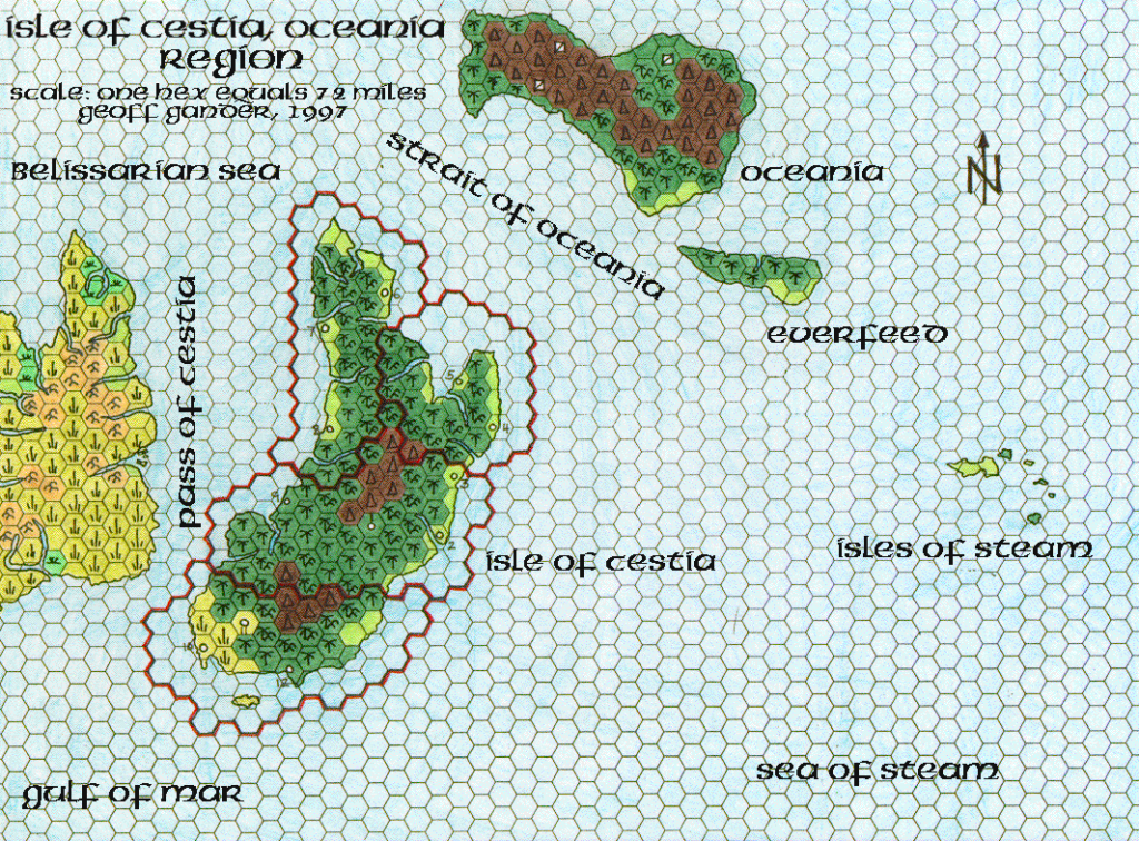 Davania’s Cestia, Oceania Region, 72 miles per hex, by Geoff Gander, November 1997