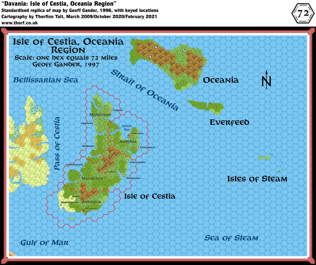 Standardised replica of Geoff Gander’s Davania: Cestia and Oceania, 72 miles per hex