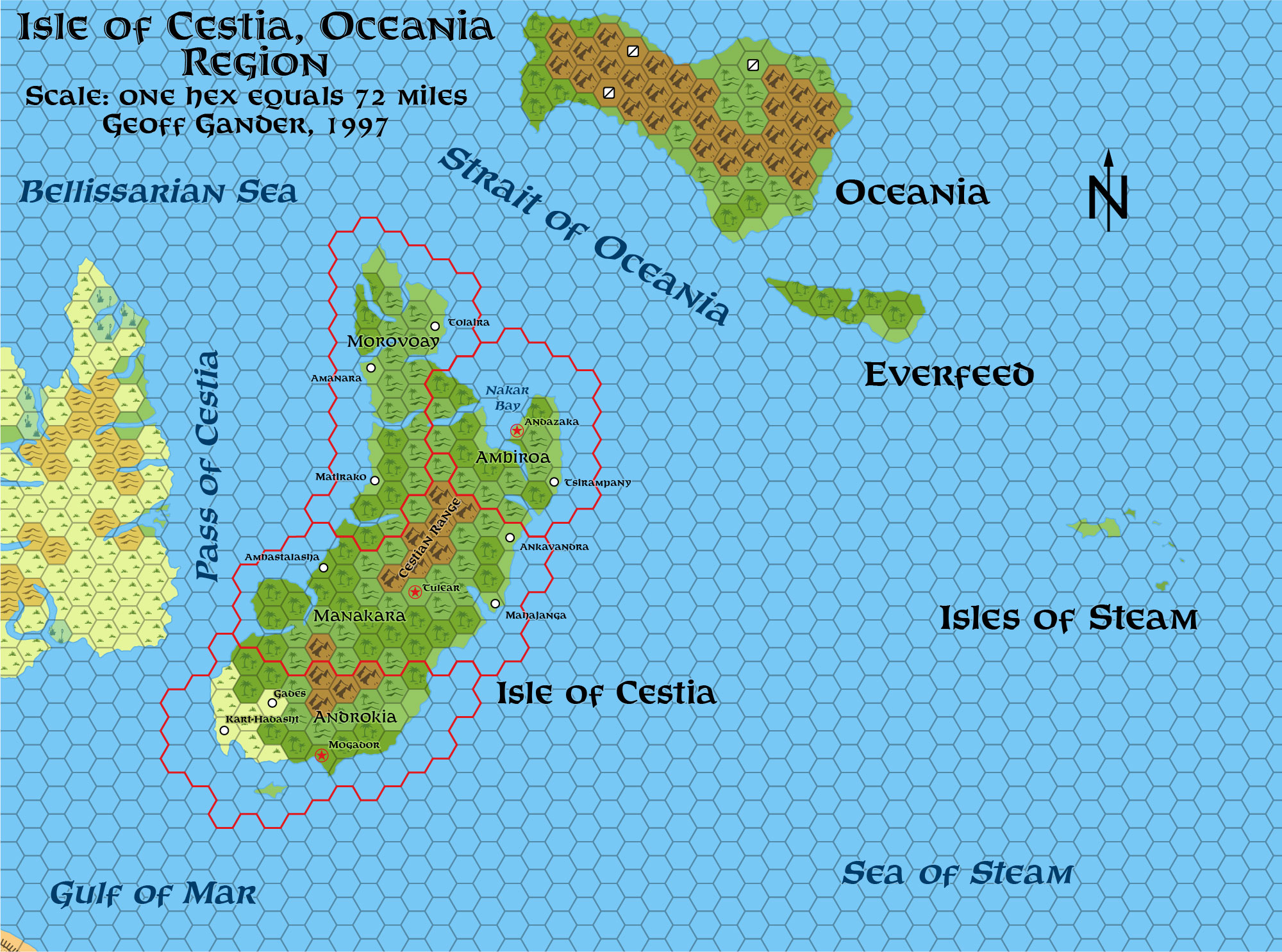 Standardised replica of Geoff Gander’s Davania: Cestia and Oceania, 72 miles per hex