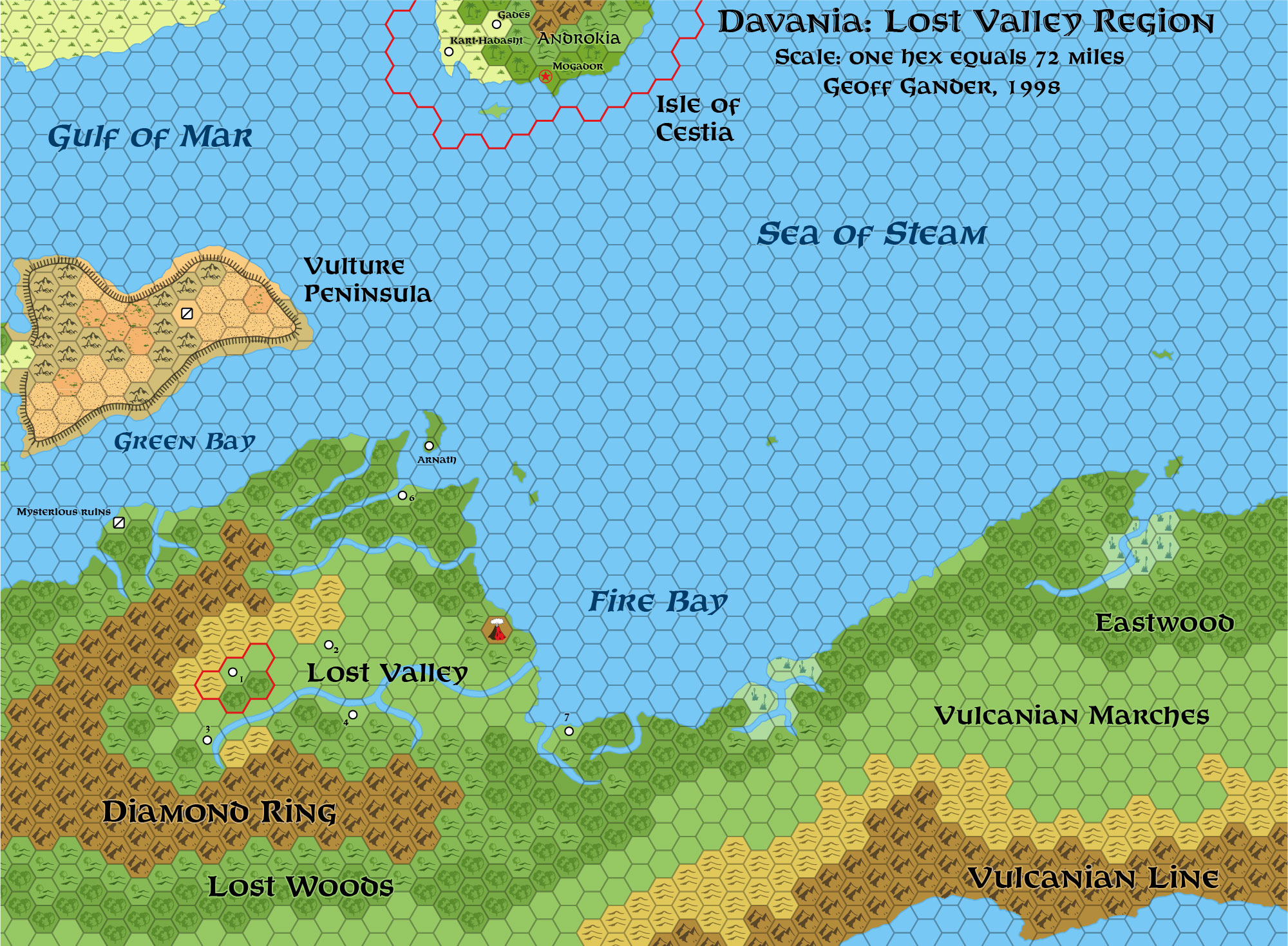 Standardised replica of Geoff Gander’s Davania: Lost Valley Region, 72 miles per hex