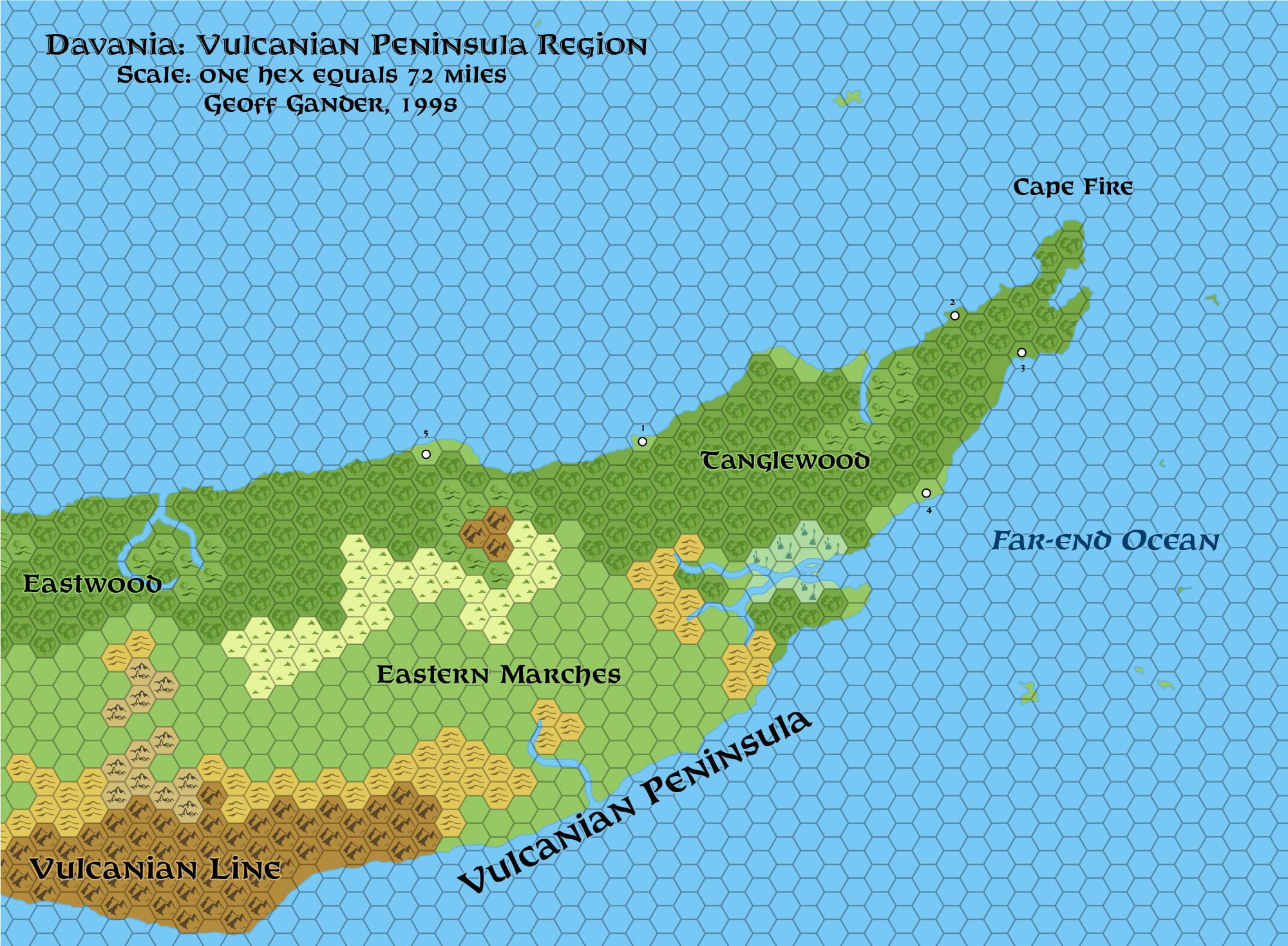 Standardised replica of Geoff Gander’s Davania: Vulcanian Peninsula Region, 72 miles per hex