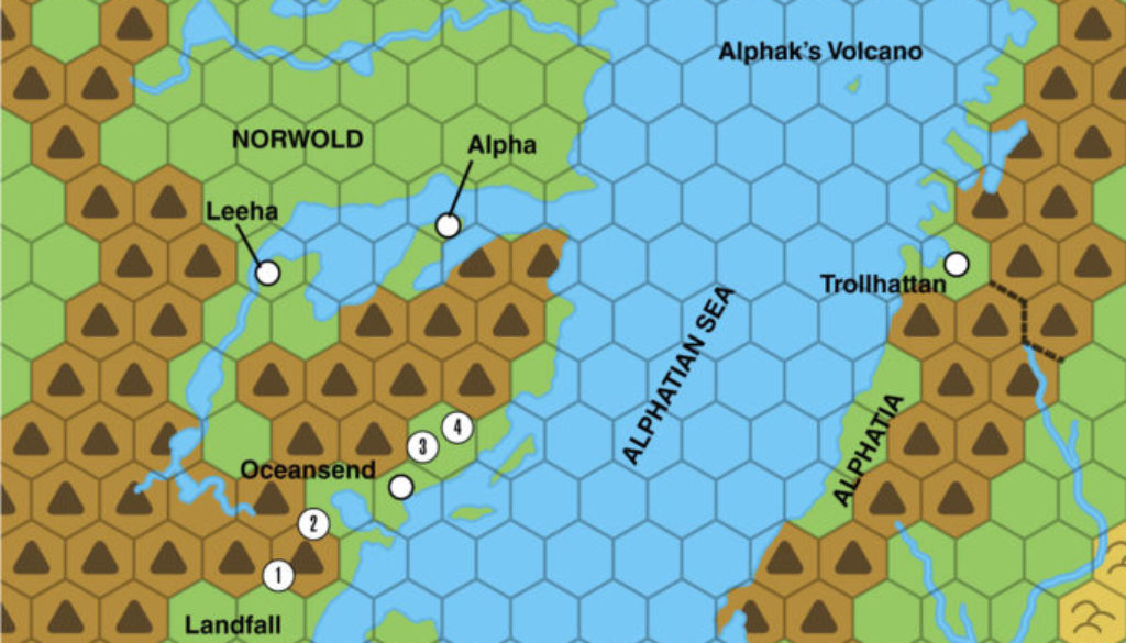 Colourised replica of M4's map of Norwold, 150 miles per hex
