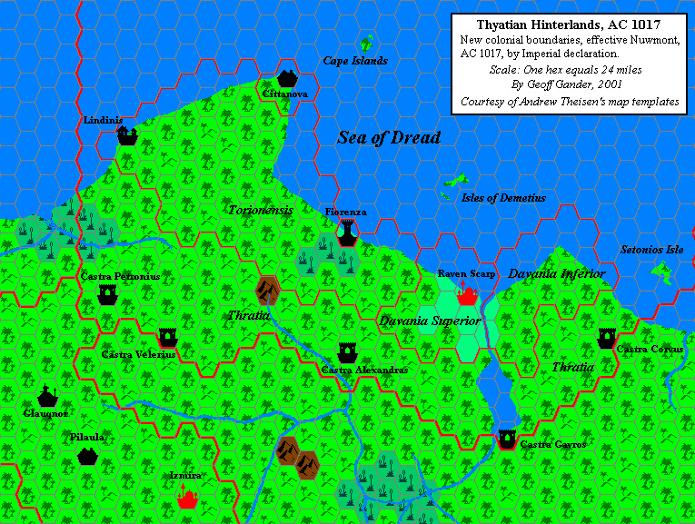 Thyatian Hinterlands, 1017 AC, 24 miles per hex, by Geoff Gander, January 2001