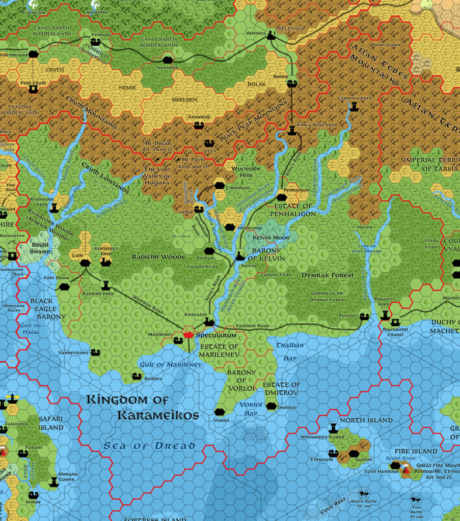 Updated map of the Kingdom of Karameikos, 1007 AC, 8 miles per hex ...