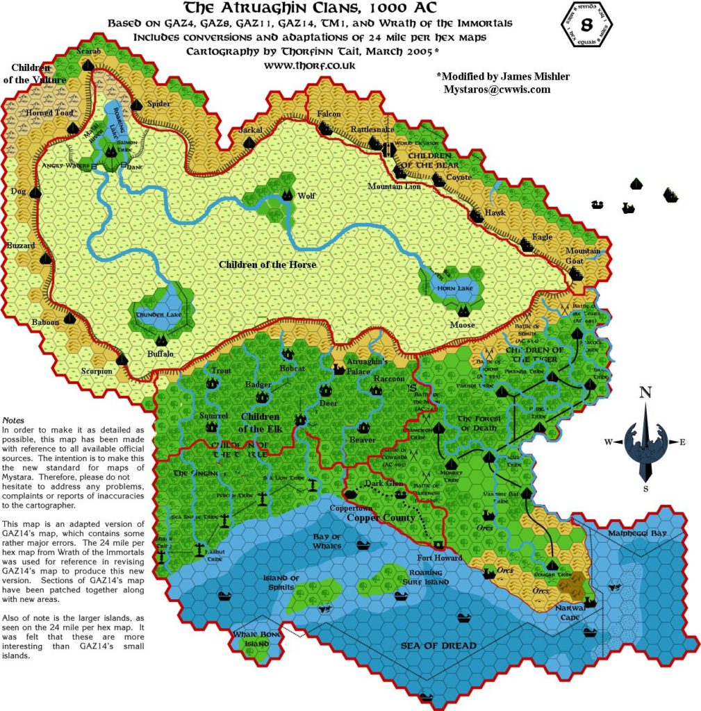 Draft revised map of The Atruaghin Clans, 8 miles per hex, by James Mishler, March 2005