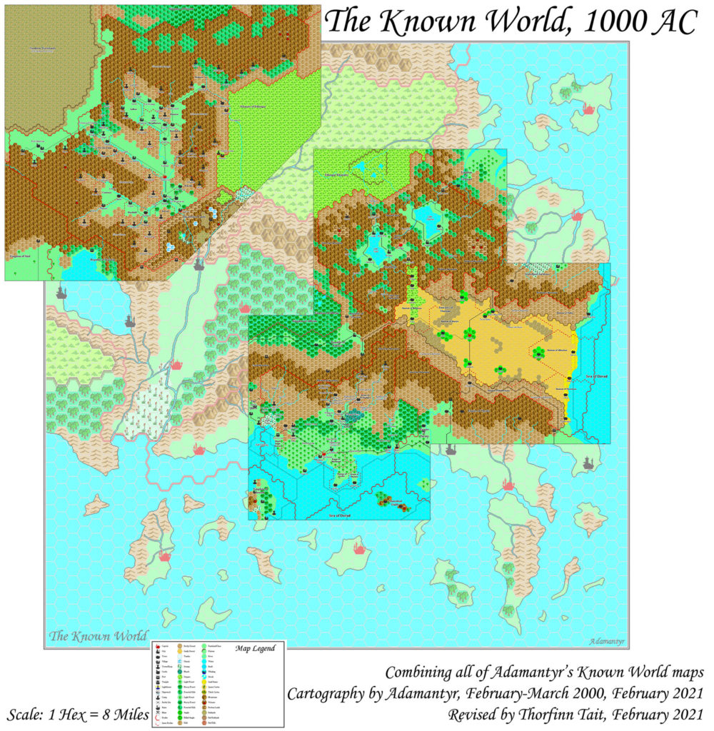 The Known World, 8 miles per hex by Adamantyr, Revised by Thorf, February 2021