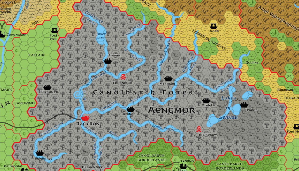 Updated map of the Shadow Elf Colony of Aengmor, 1010 AC, 8 miles per hex