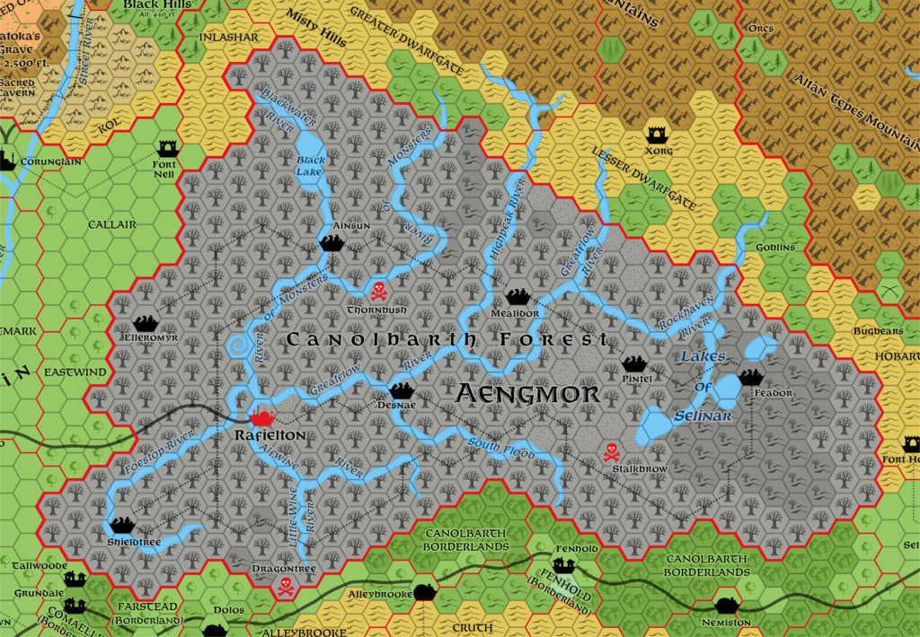 Updated map of the Shadow Elf Colony of Aengmor, 1010 AC, 8 miles per hex