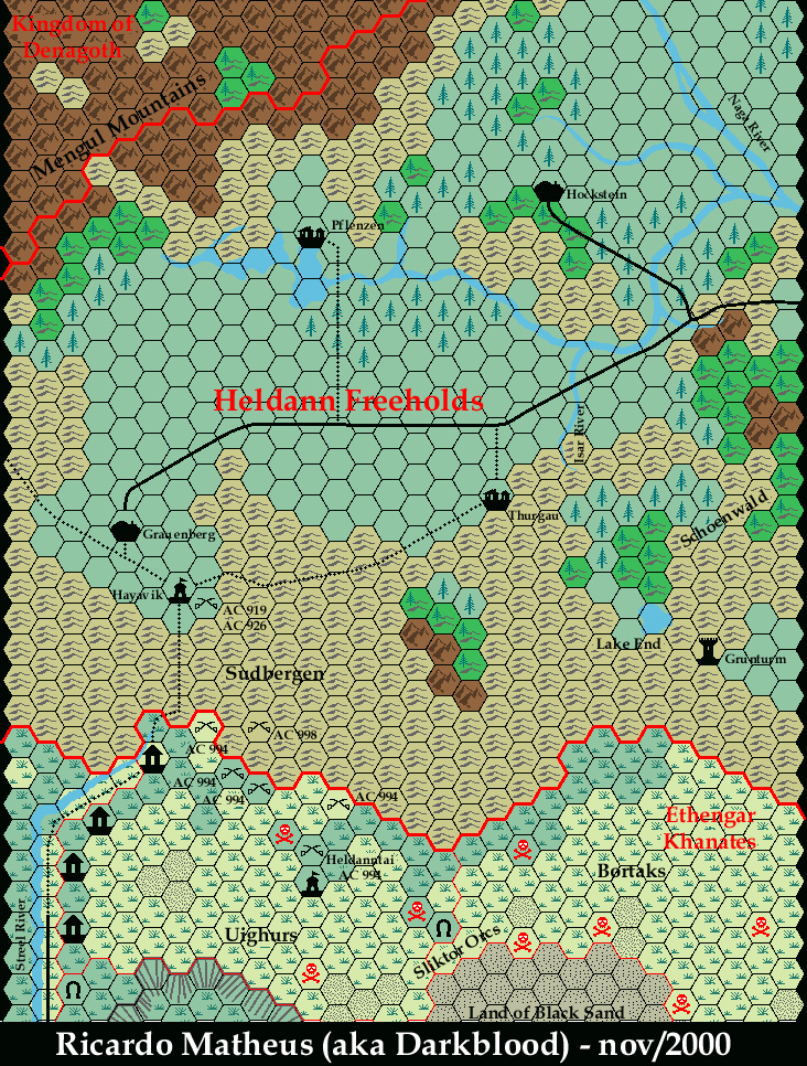 Known World Grid N1E2, 8 miles per hex by Ricardo Matheus, November 2000