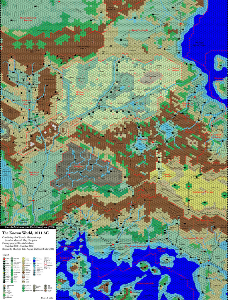 The Known World, 8 miles per hex by Ricardo Matheus, Revised by Thorf, May 2021