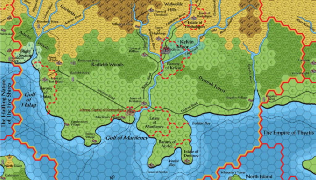 Standardised replica of Karameikos: Kingdom of Adventure map of Karameikos in 1012 AC, 8 miles per hex