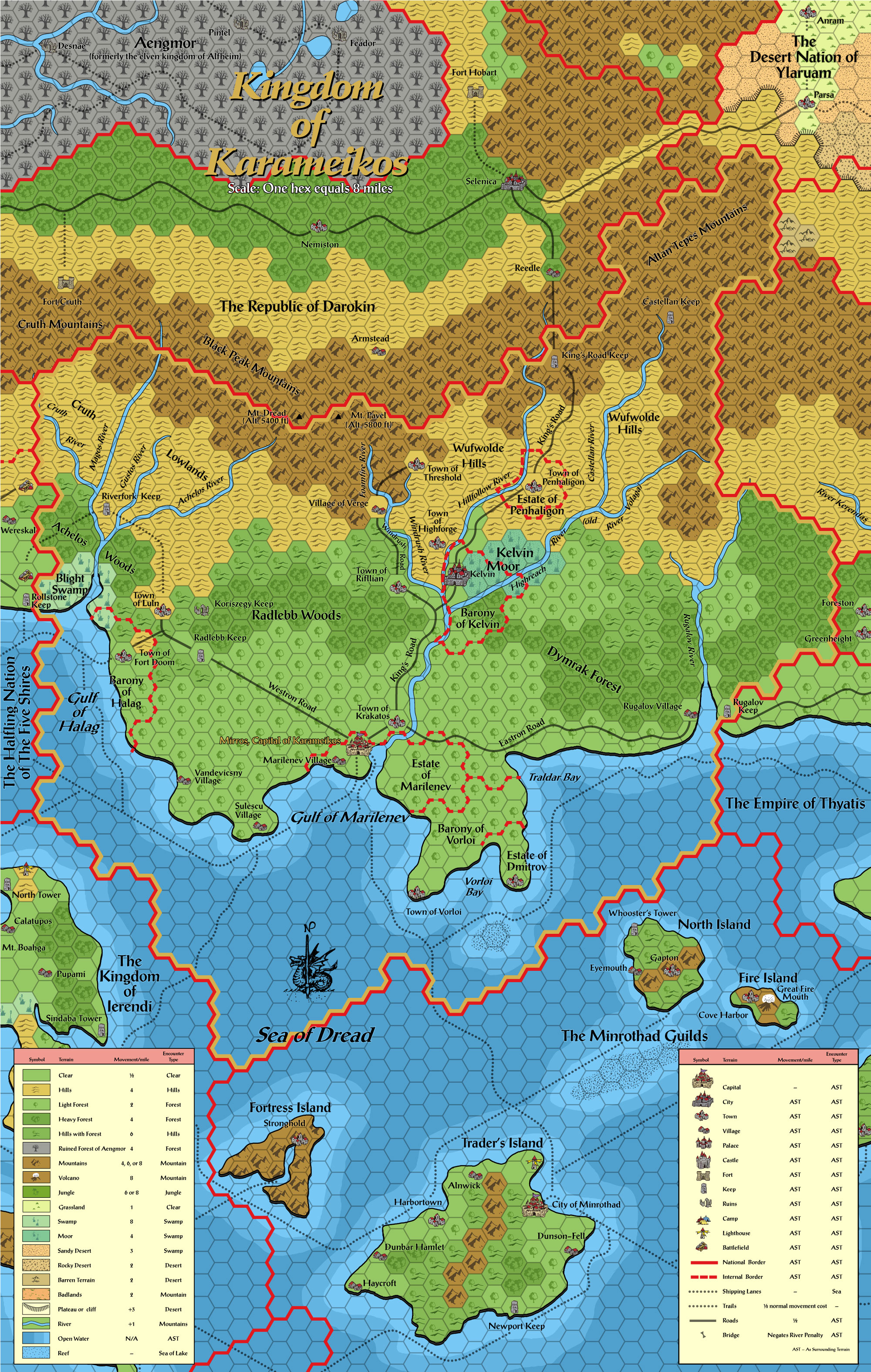Standardised replica of Karameikos: Kingdom of Adventure map of Karameikos in 1012 AC, 8 miles per hex