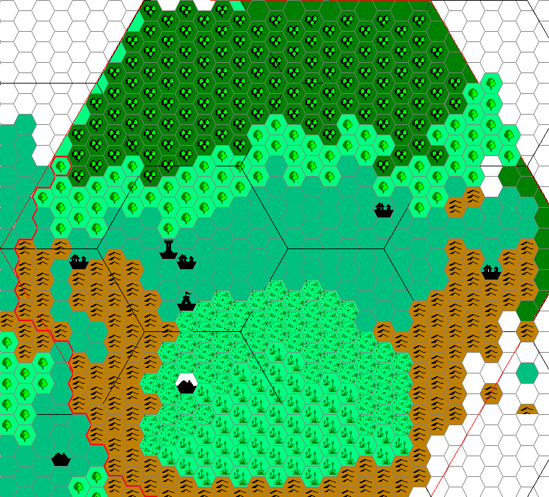 Fenhold region work-in-progress map, 1 mile per hex by Andrew Theisen, January 2006