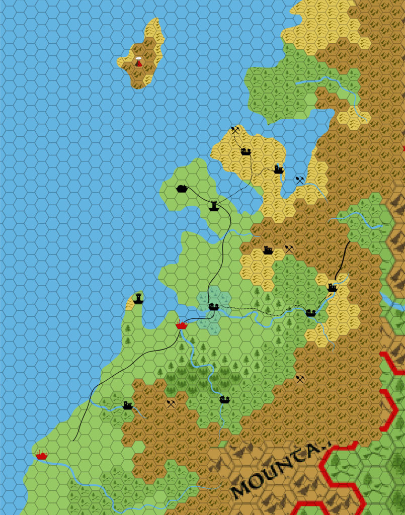 Work in progress map of Limn, 8 miles per hex by Andrew Theisen, May 2012