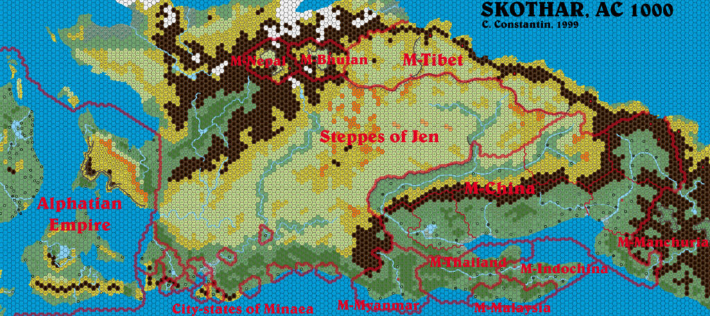 Draft map of Skothar, 72 miles per hex by Christian Constantin, September 1999