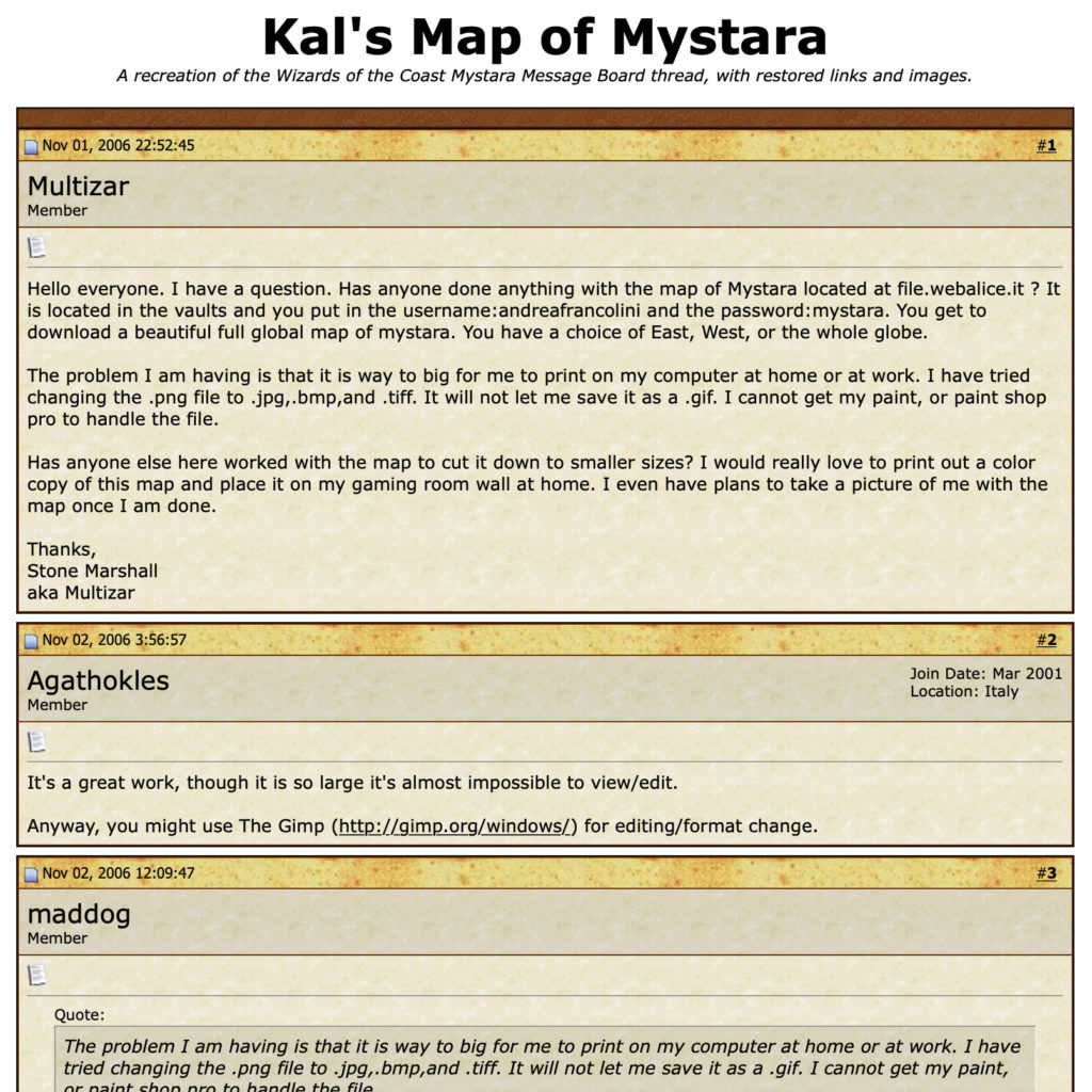 Kal’s Map of Mystara — A recreation of the Wizards of the Coast Mystara Message Board thread, with restored links and images.