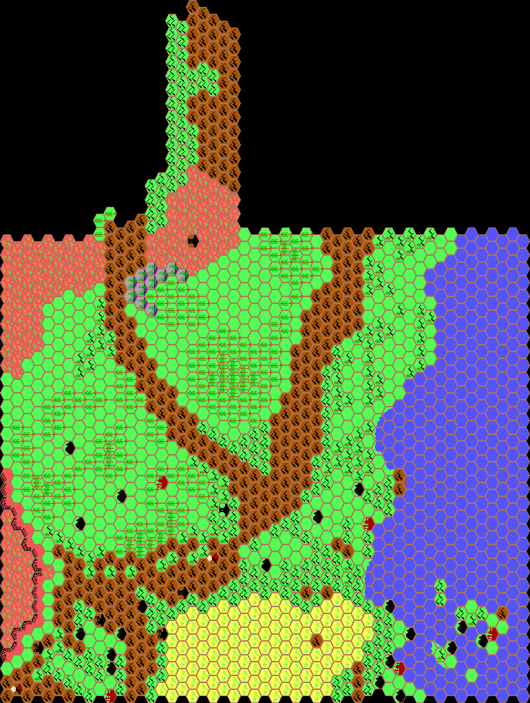 Work-in-progress map of the Denagoth area, 24 miles per hex by Thibault Sarlat, January 1998