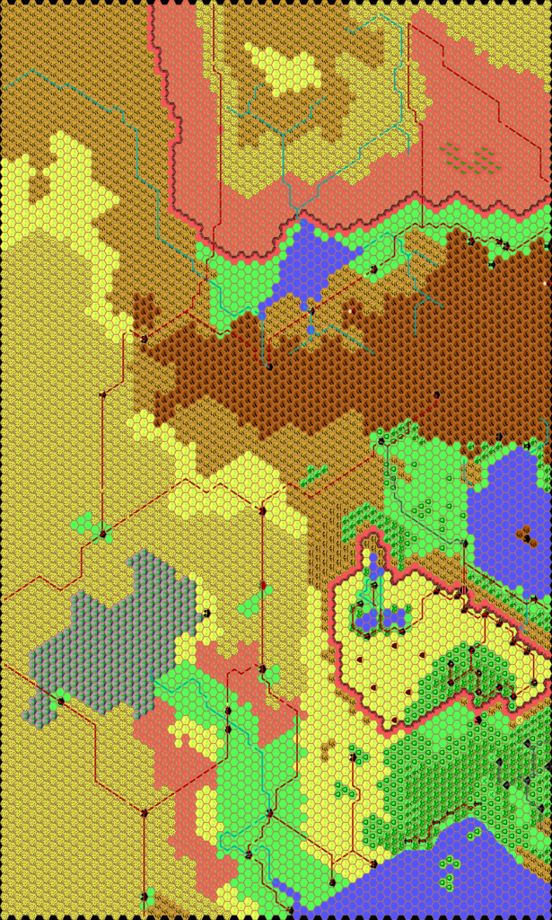 First draft of the Kingdom of Sind, 8 miles per hex by Thibault Sarlat, August 1999