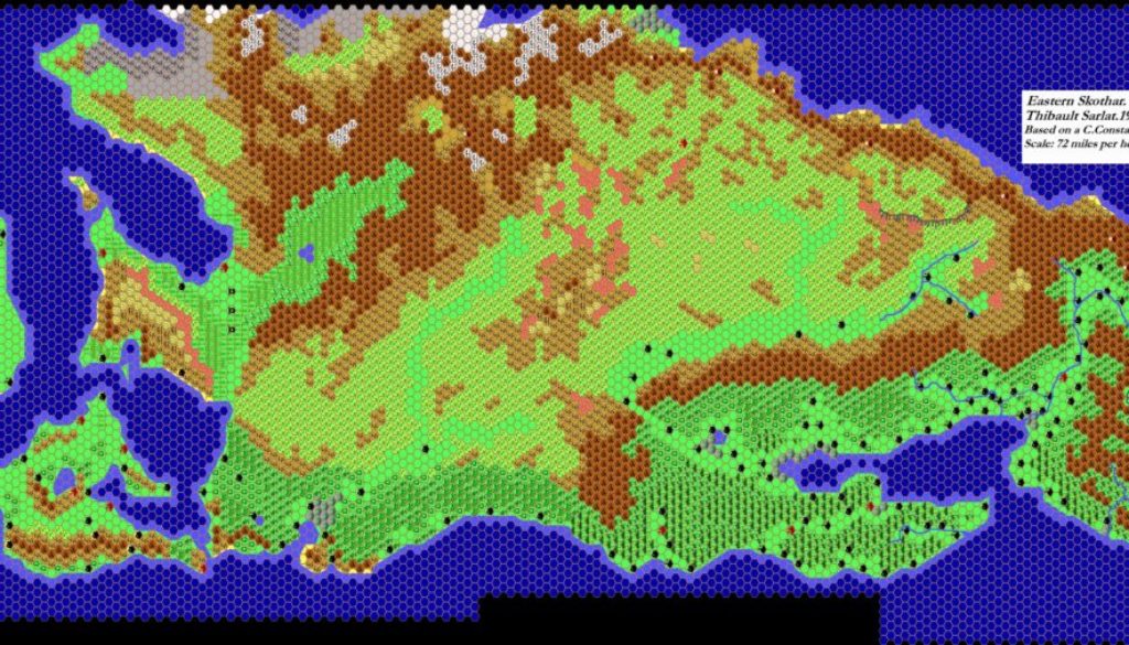 Combined map of Skothar, 72 miles per hex by Thibault Sarlat, September 1999