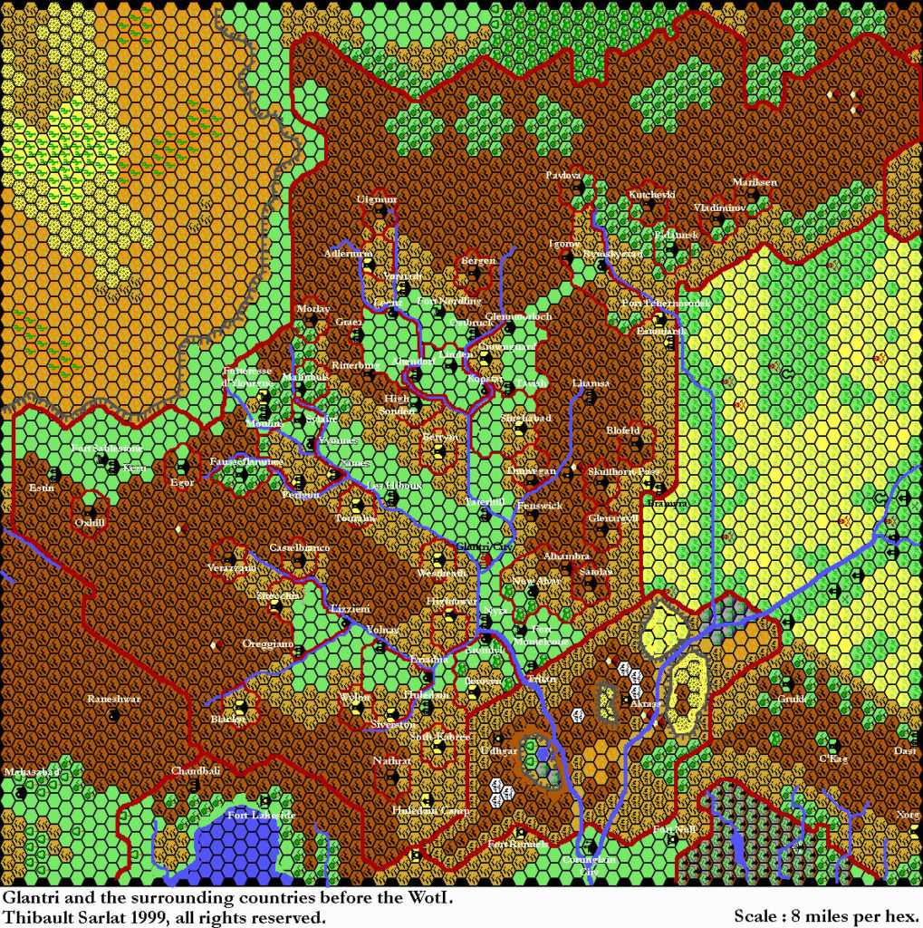 Glantri, 8 miles per hex by Thibault Sarlat, c. August 2000