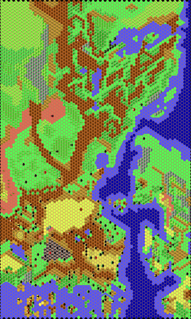 Work-in-progress Known World, 24 miles per hex by Thibault Sarlat, September 1999 (1010 AC version)