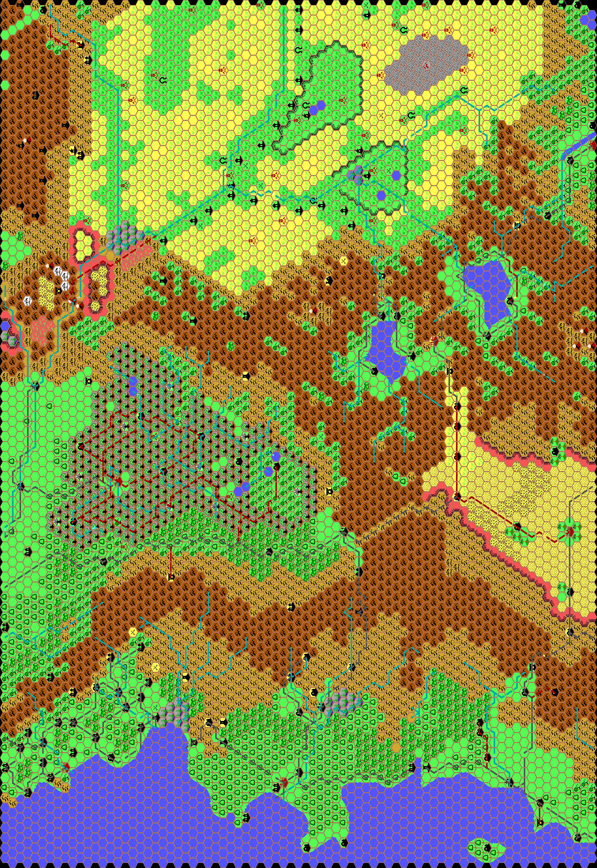 Work-in-progress map of a section of the Known World, 8 miles per hex by Thibault Sarlat, August 1999