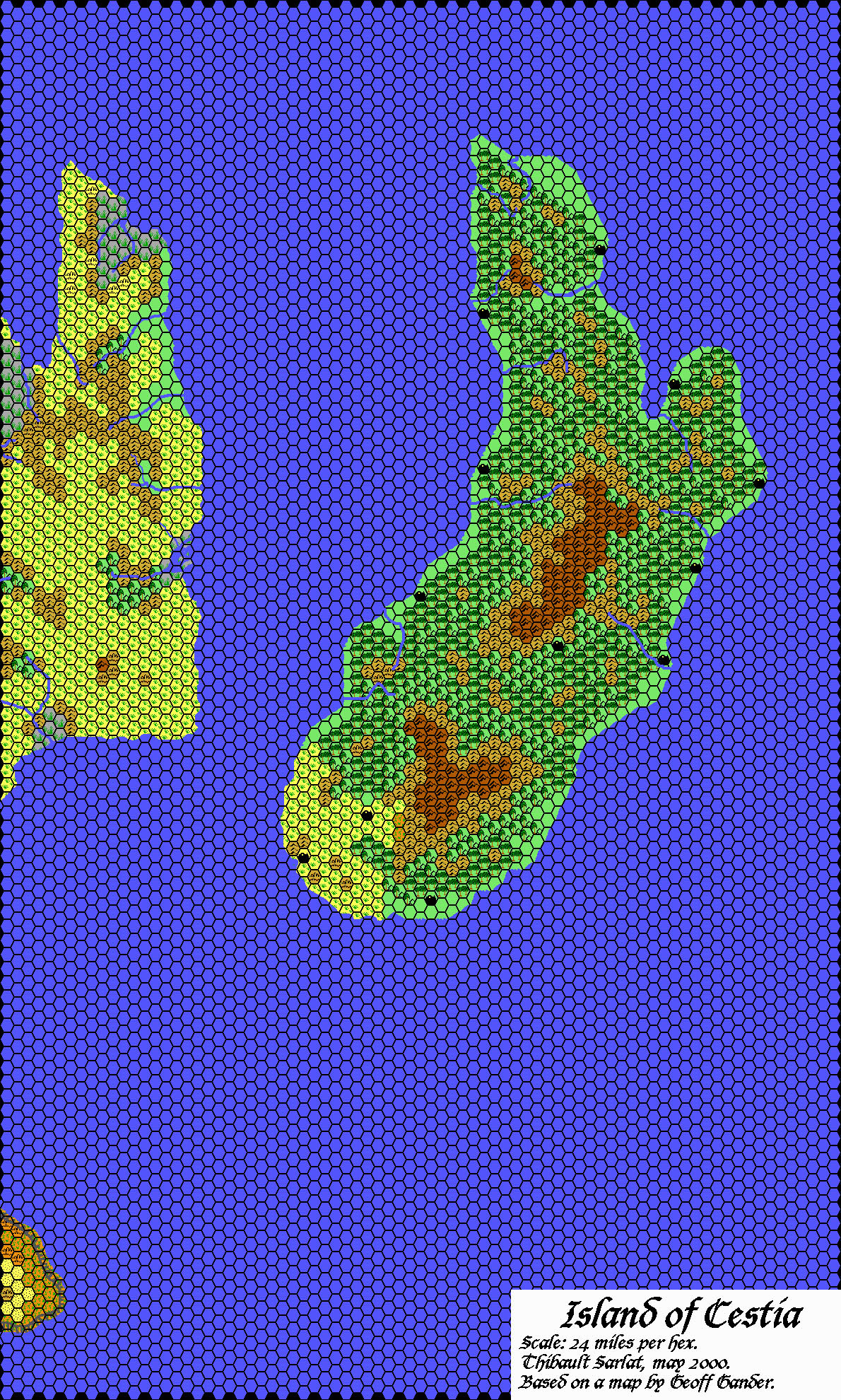 The Island of Cestia, 24 miles per hex by Thibault Sarlat, August 2000