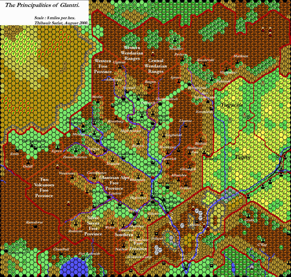 Final version of the Principalities of Glantri, 8 miles per hex by Thibault Sarlat, September 2001