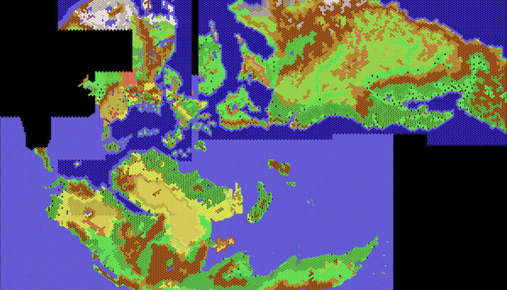 Combining Thibault Sarlat’s maps of Mystara, 72 miles per hex from January to September 1999
