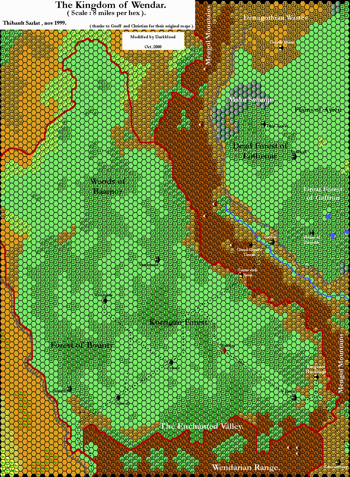 The Kingdom of Wendar, 8 miles per hex by Thibault Sarlat with modifications by Ricardo Matheus, September 2001