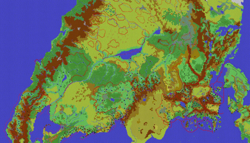 The Continent of Brun, 24 miles per hex by Thibault Sarlat, November 2001