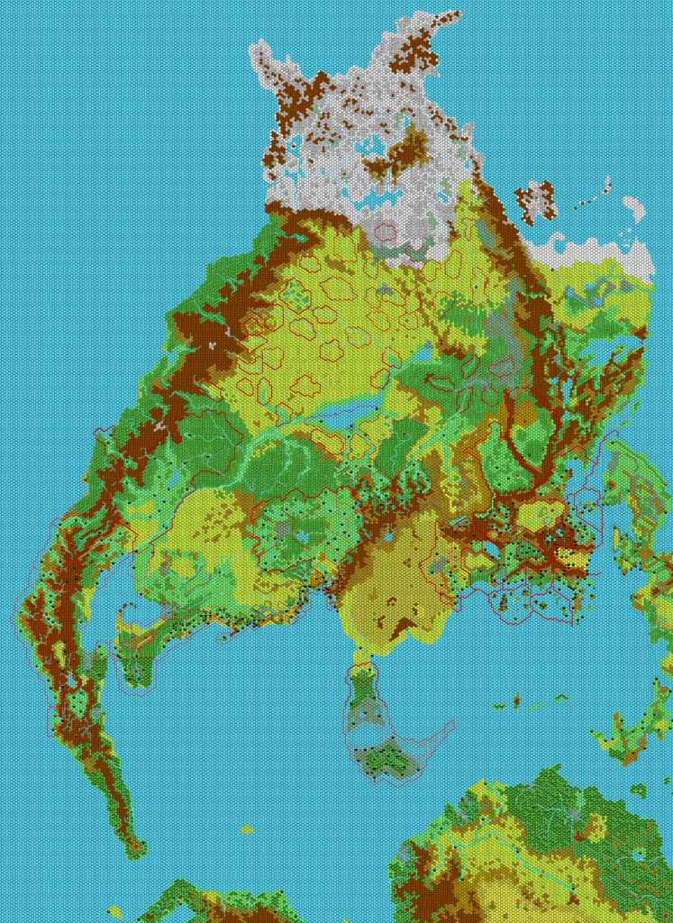 The Continent of Brun, 24 miles per hex by Thibault Sarlat, November 2001 (Experimental Palette)