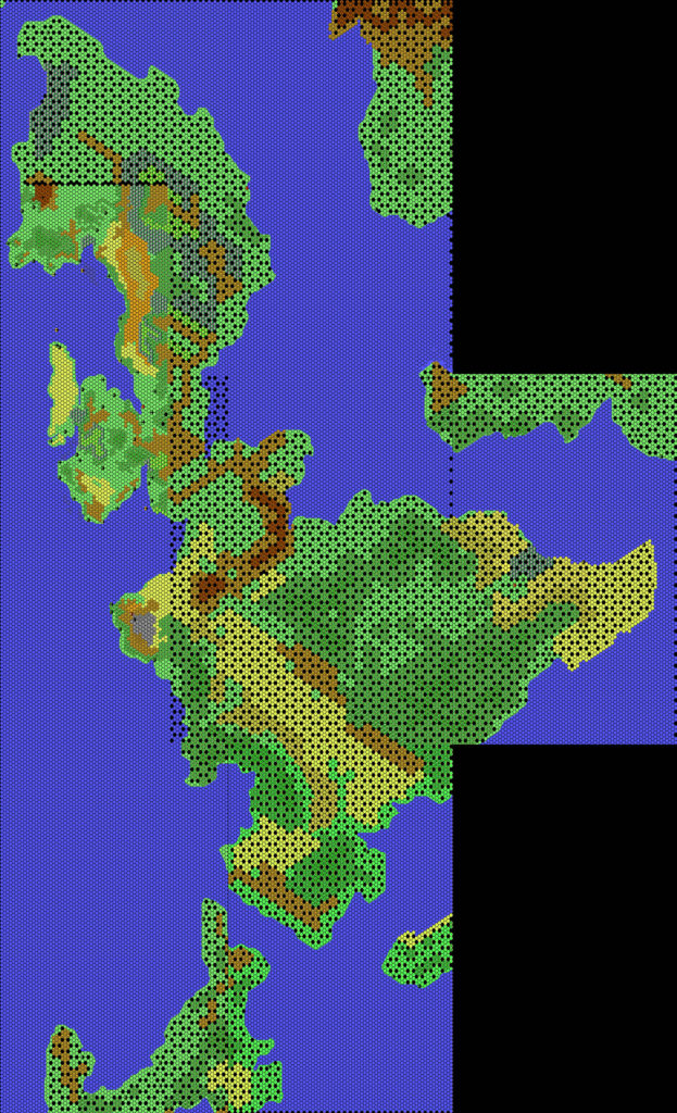 Revised first draft of the Isle of Dawn, 8 miles per hex by Thibault Sarlat, September 2001 (combined by Thorfinn Tait, October 2021)