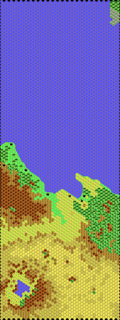 Work-in-progress map of Izonda East, 24 miles per hex by Thibault Sarlat, October 2001