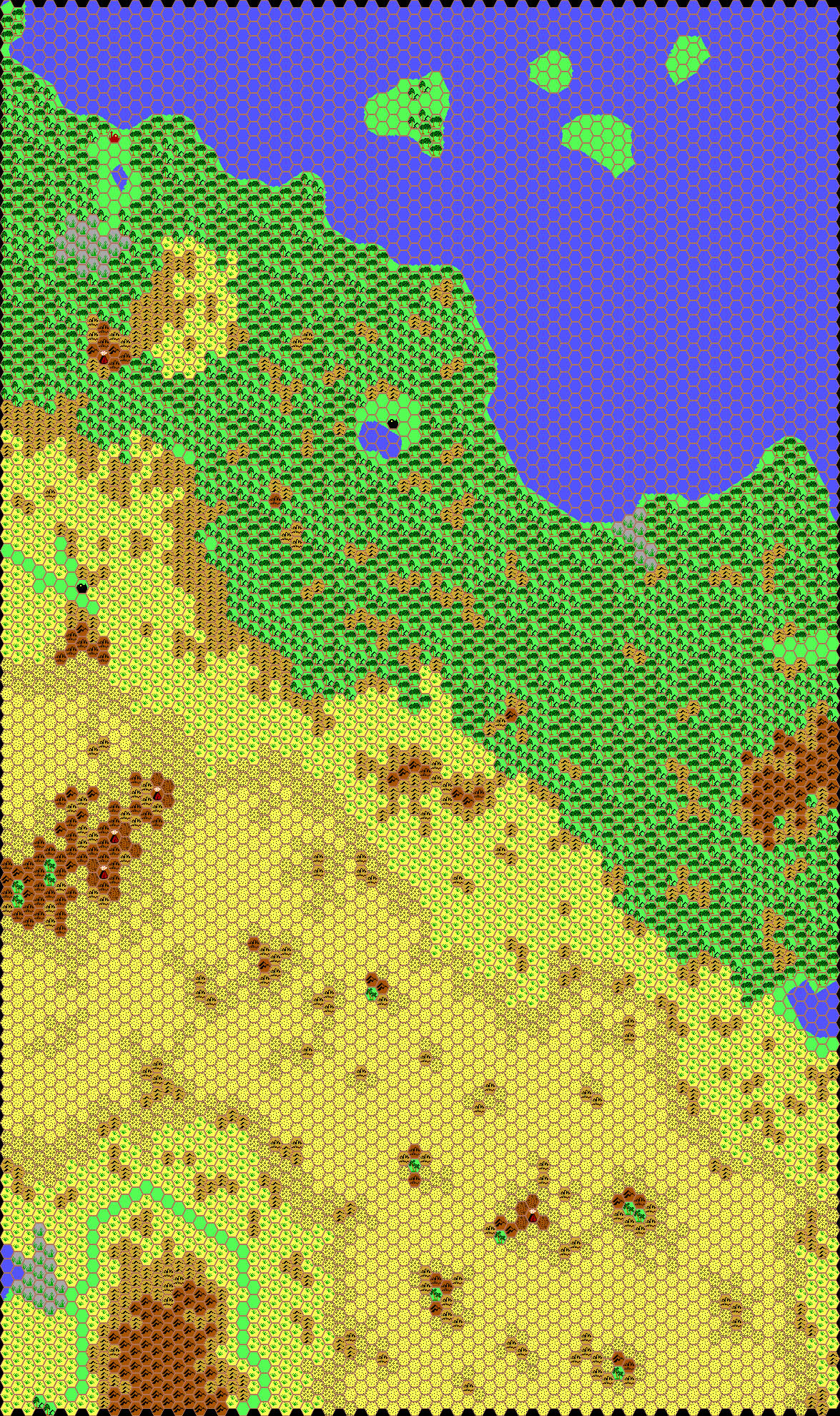 Work-in-progress map of the Jungle Coast, 24 miles per hex by Thibault Sarlat, March 2001