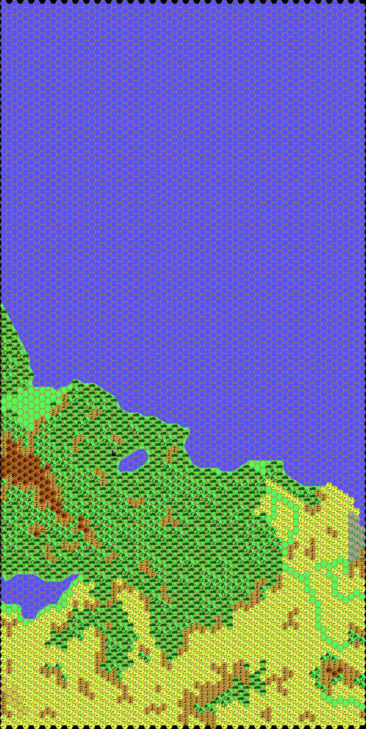 Work-in-progress map of the Eastern Jungle Coast, 24 miles per hex by Thibault Sarlat, March 2001