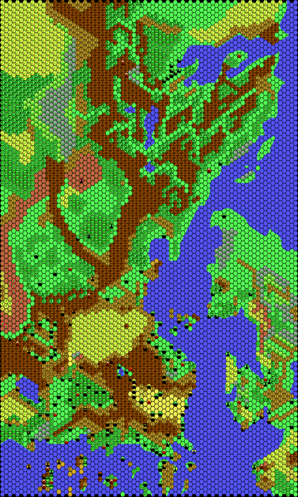 Draft map of the Known World, 24 miles per hex by Thibault Sarlat, September 2001