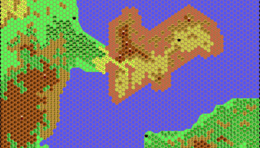 Work-in-progress map of the Vulture Peninsula, 24 miles per hex by Thibault Sarlat, April 2001