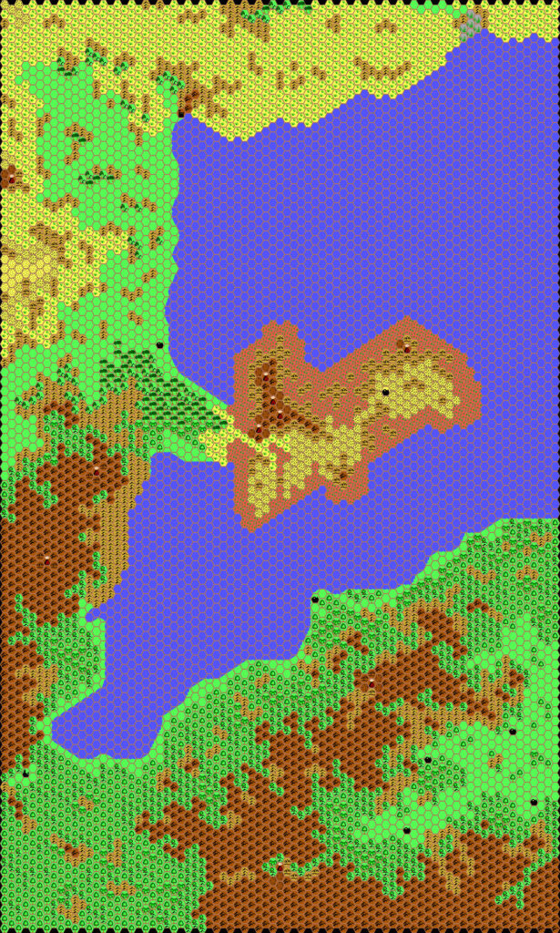 Work-in-progress map of the Vulture Peninsula, 24 miles per hex by Thibault Sarlat, April 2001