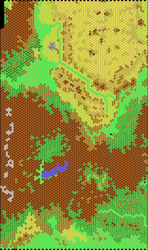 Work-in-progress map of Brasol East, 24 miles per hex by Thibault Sarlat, March 2002