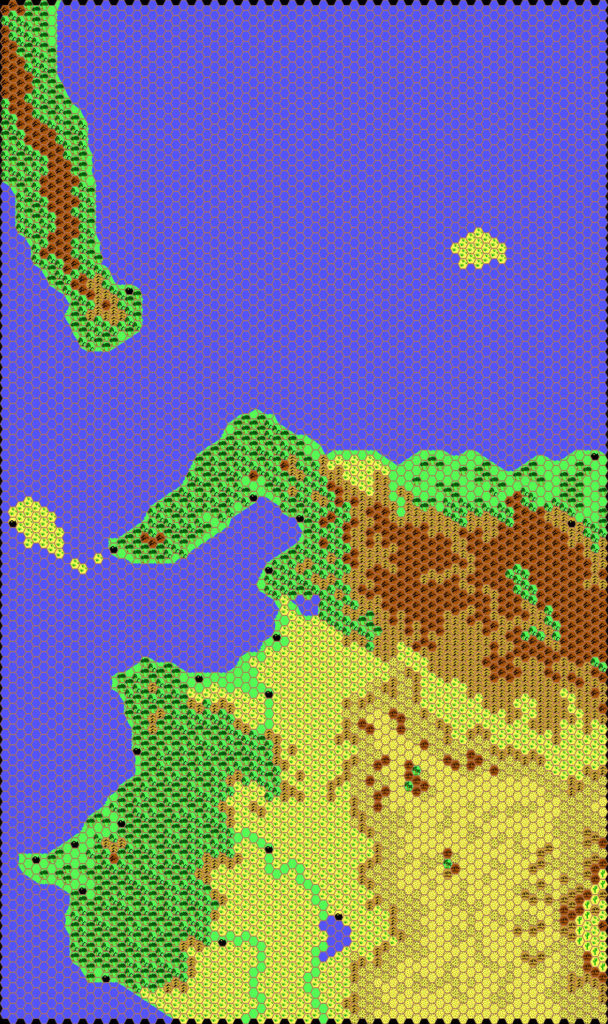 Work-in-progress map of Izonda West, 24 miles per hex by Thibault Sarlat, October 2001