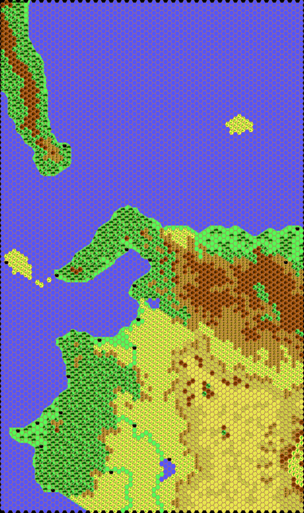 Work-in-progress map of Izonda West, 24 miles per hex by Thibault Sarlat, October 2001