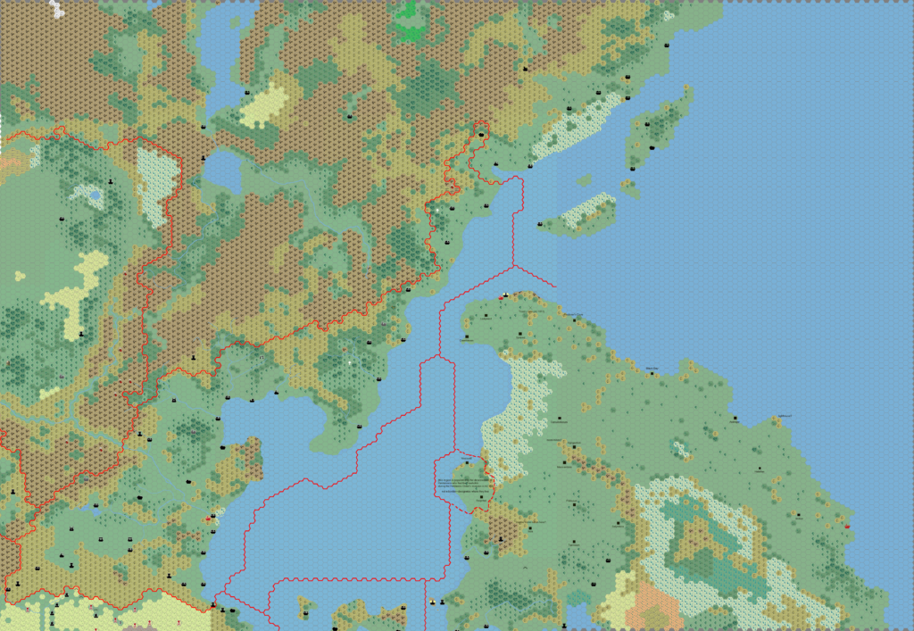 Work-in-progress map of Norwold South, 8 miles per hex by Thibault Sarlat (with mark-up by Geoff Gander), January 2005