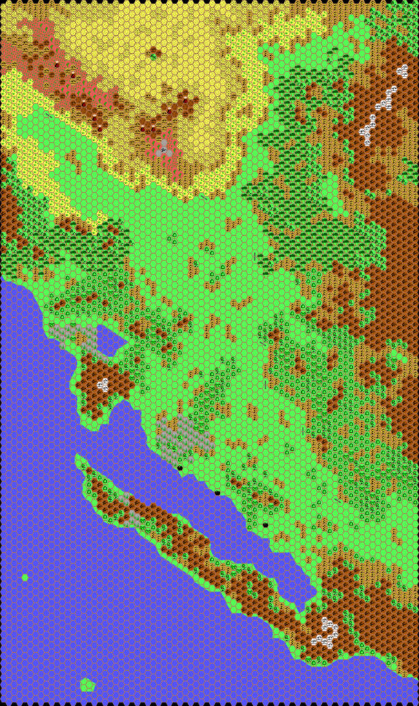 Work-in-progress map of Pelatan East, 24 miles per hex by Thibault Sarlat, October 2001