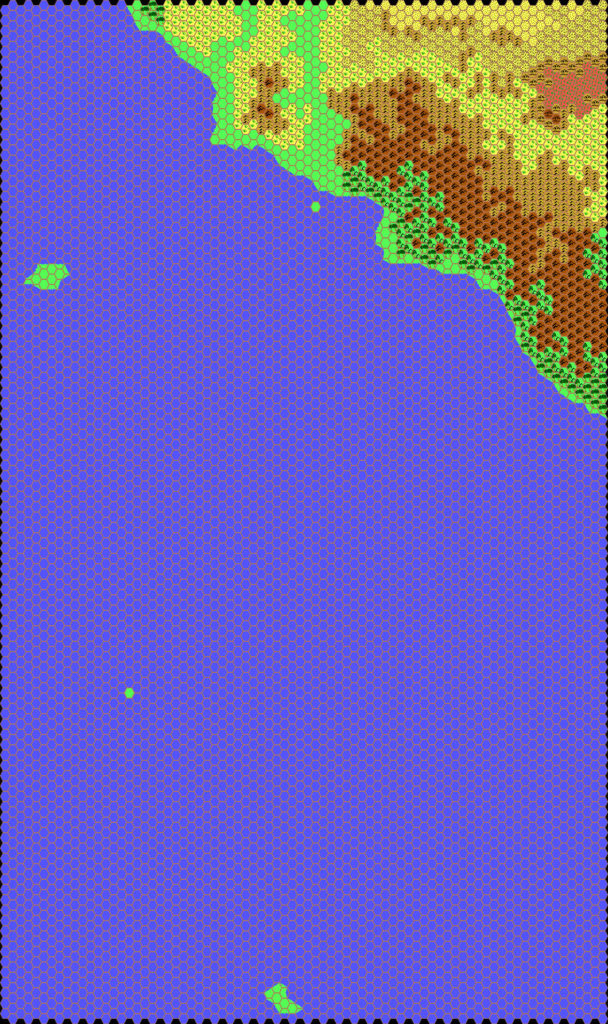 Work-in-progress map of Pelatan West, 24 miles per hex by Thibault Sarlat, October 2001