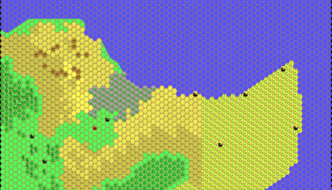 Work-in-progress map of Thothia and Greenspur, 8 miles per hex by Thibault Sarlat, July 2001